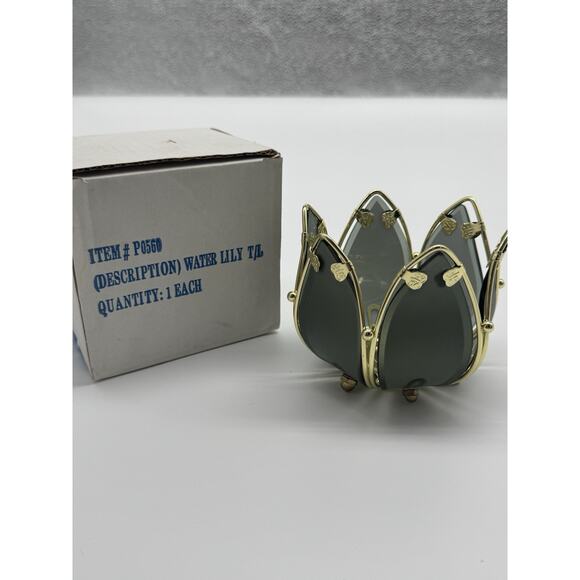 PartyLite Waterlily Tealight Votive Candle Holder P0560 Glass & Brass W/Box - Picture 1 of 5